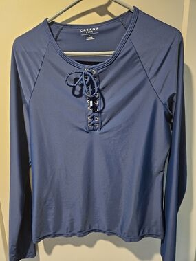 Cabana Life Blue Lace-Up Neck Long Sleeve Rashguard Swim Top